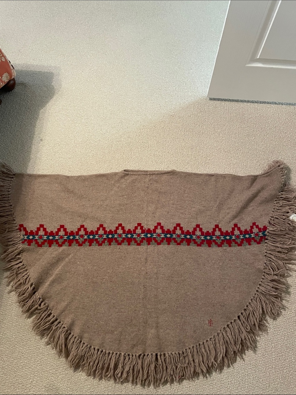 Ralph Lauren Brown Fringe Poncho with Red Geometric Band